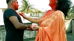 18yrs tamil boy fucking two beautiful milf bhabhi together at holi day