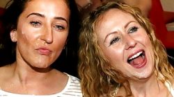Slutty duo suck cock and take bukkake facials in a sex club